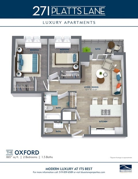 Floor plan for 2 beds, 1.5 baths, 865 sqft